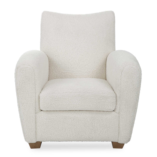 With Its Curved Track Arms And Supportive Back, This Cozy Accent Chair Is The Perfect Balance Of Comfort And Style.  Fully Upholstered In A Soft Off White Faux Shearling And Accented By Walnut Stained Wooden Feet.