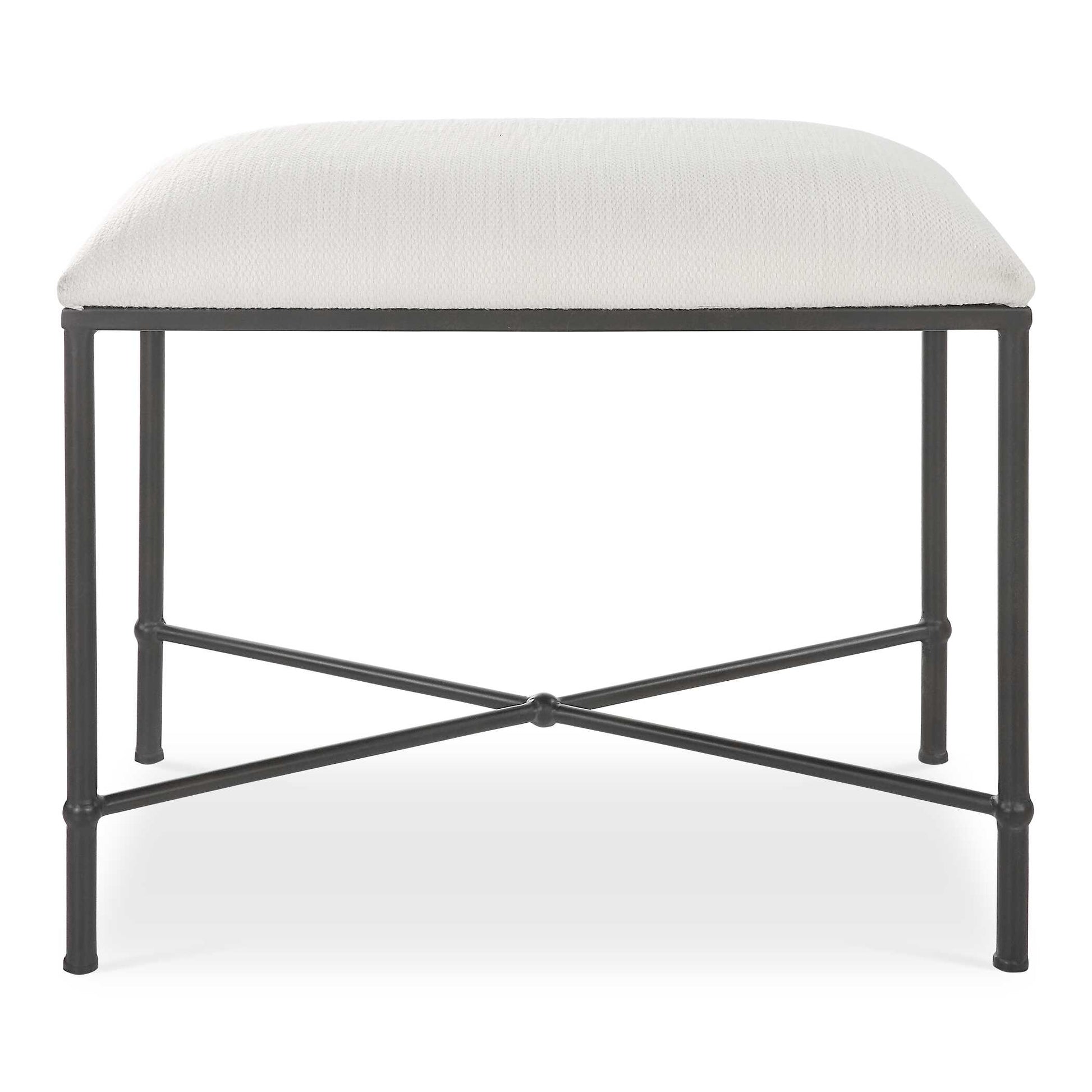Thoroughly Modern Yet Inspired By The Classics, This Small Bench Displays A Stylish Black And White Look Featuring An Iron Frame In Aged Black, Upholstered In A Crisp White Textured Fabric.
