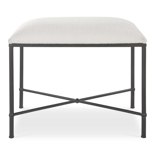 Thoroughly Modern Yet Inspired By The Classics, This Small Bench Displays A Stylish Black And White Look Featuring An Iron Frame In Aged Black, Upholstered In A Crisp White Textured Fabric.