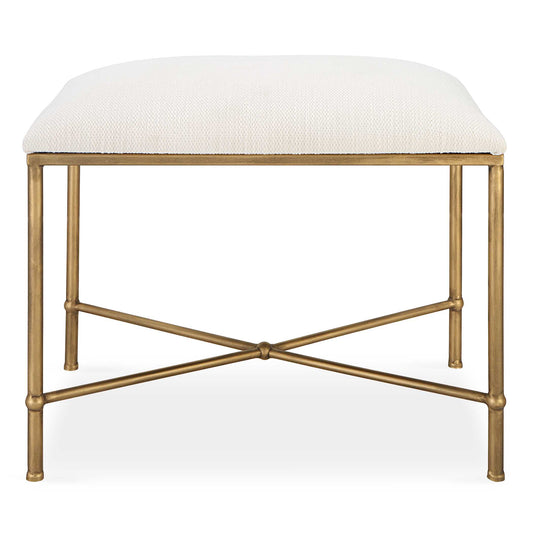 Thoroughly Modern Yet Inspired By The Classics, This Small Bench Displays A Stylish Iron Frame In A Rich Antique Gold Finish, Upholstered In A Crisp White Textured Fabric.