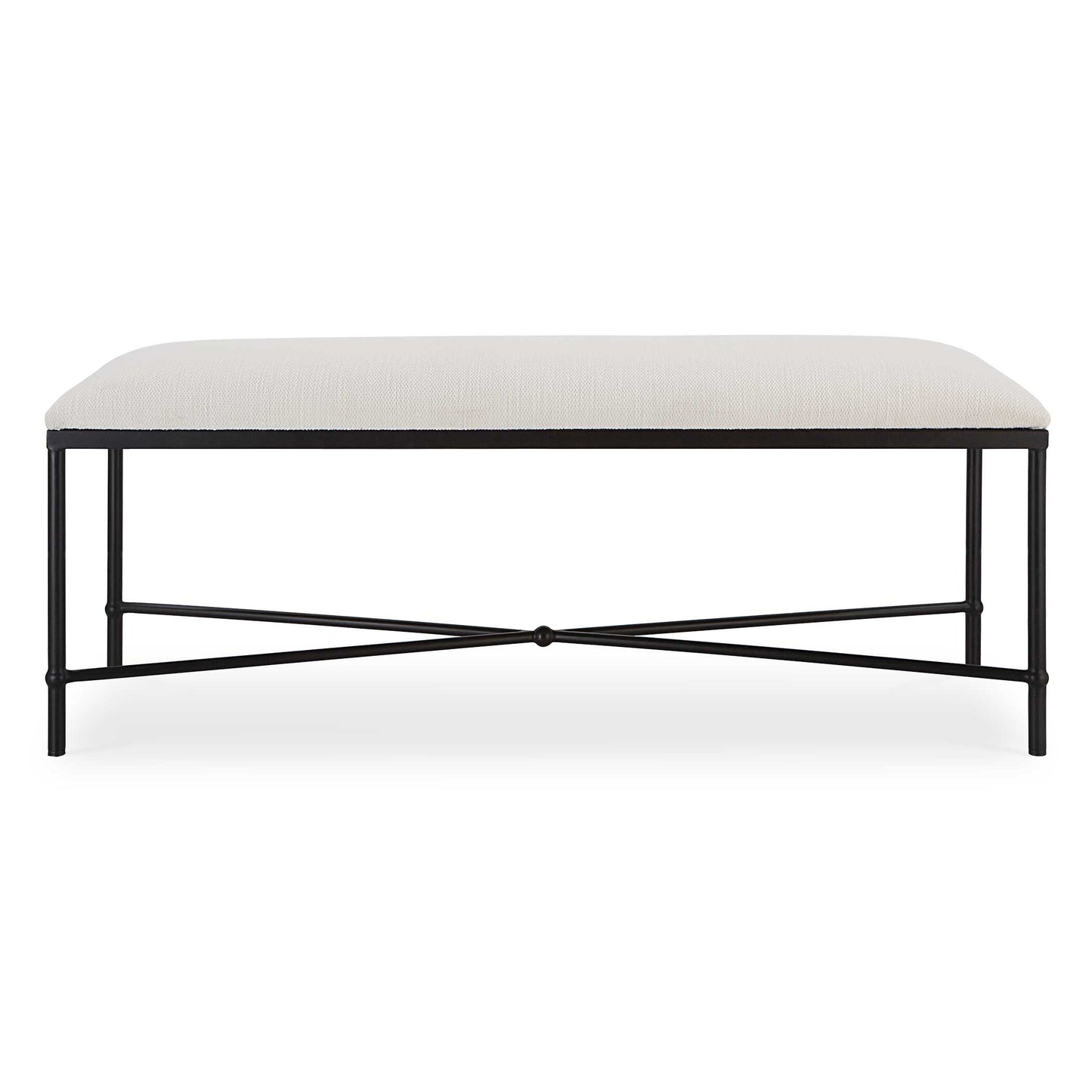Thoroughly Modern Yet Inspired By The Classics, This Bench Displays A Stylish Black And White Look Featuring An Iron Frame In Aged Black, Upholstered In A Crisp White Textured Fabric.
