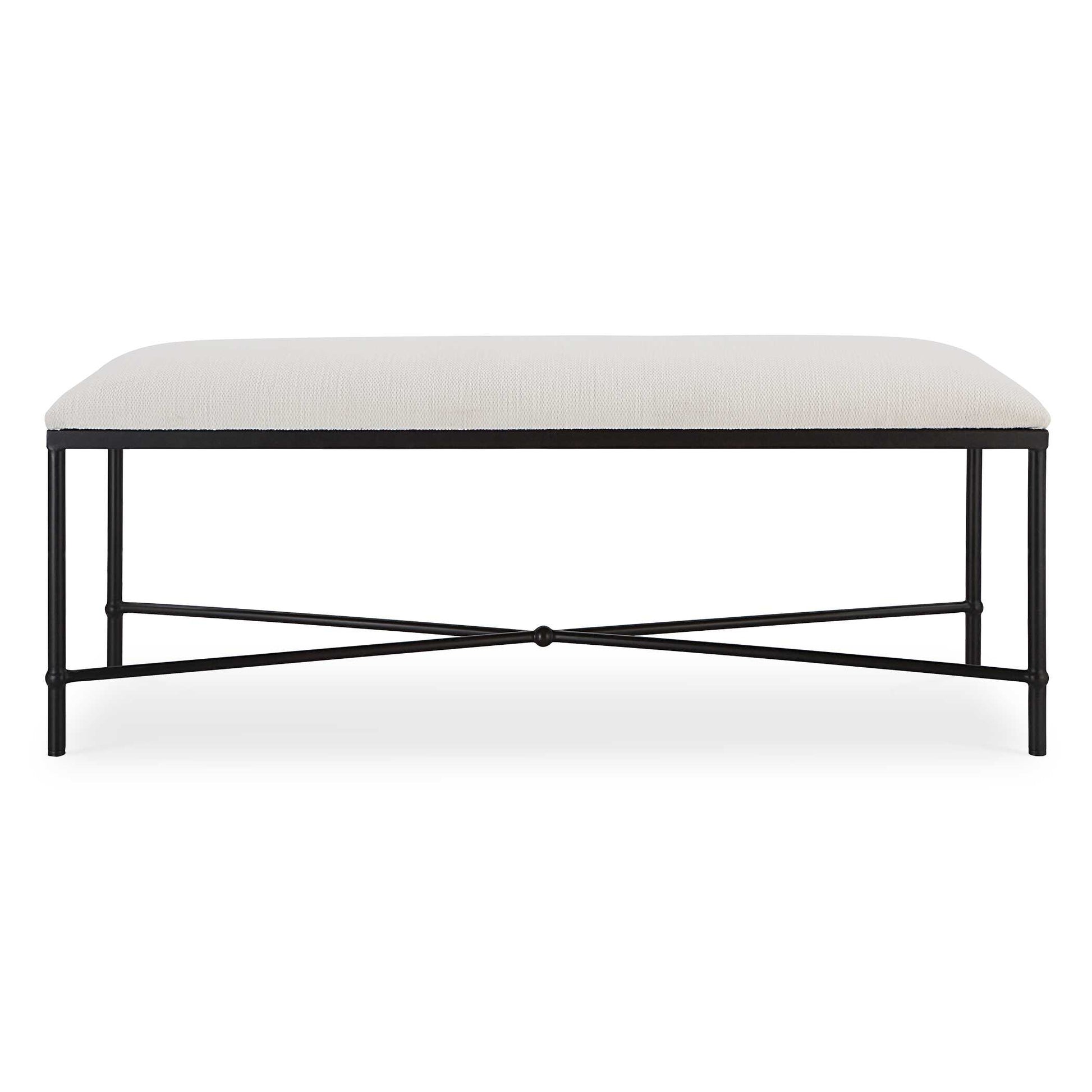Thoroughly Modern Yet Inspired By The Classics, This Bench Displays A Stylish Black And White Look Featuring An Iron Frame In Aged Black, Upholstered In A Crisp White Textured Fabric.