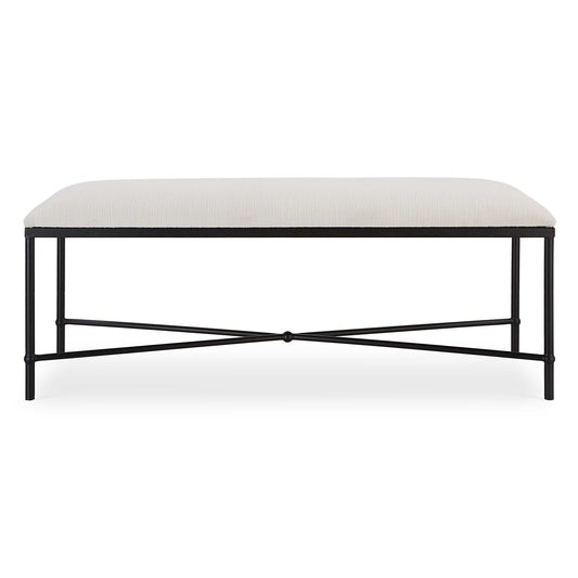 Thoroughly Modern Yet Inspired By The Classics, This Bench Displays A Stylish Black And White Look Featuring An Iron Frame In Aged Black, Upholstered In A Crisp White Textured Fabric.
