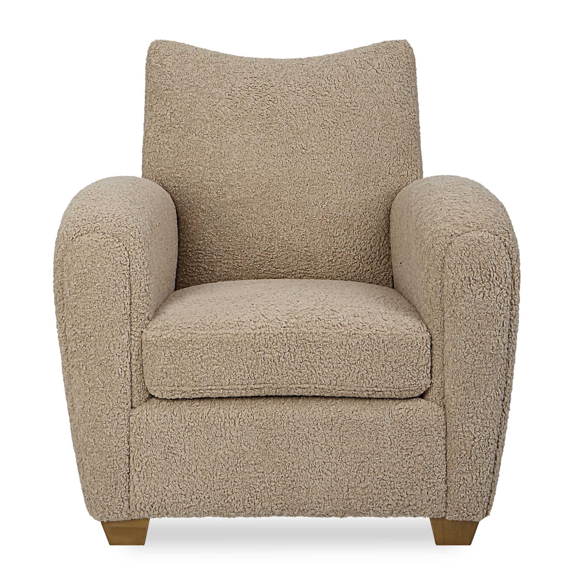 With Its Curved Track Arms And Supportive Back, This Cozy Accent Chair Is The Perfect Balance Of Comfort And Style. Fully Upholstered In A Soft Latte Toned Faux Shearling And Accented By Walnut Stained Wooden Feet.