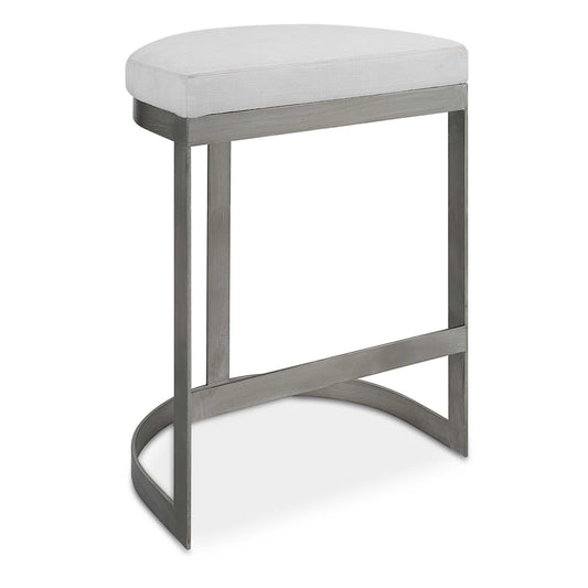 Simplistic But Sturdy, This Statement Counter Stool Features A Thick Hand Forged Iron Base Finished In Brushed Silver. Plush Seat Is Tailored In A White Linen Blend Performance Fabric.