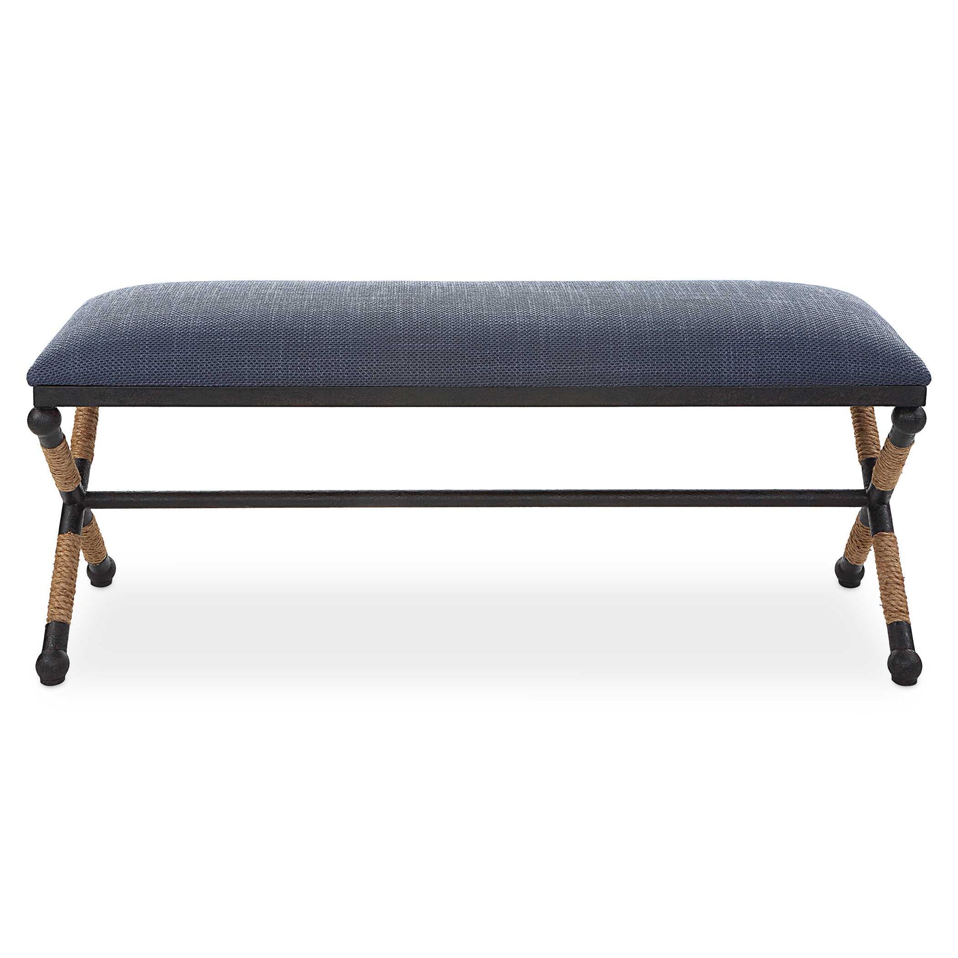 Rustic Iron Frame With A Nautical Touch, Wrapped In Natural Fiber Rope Accents. Cushioned Top Is A Cotton Blend In A Rich Textured Navy Blue.