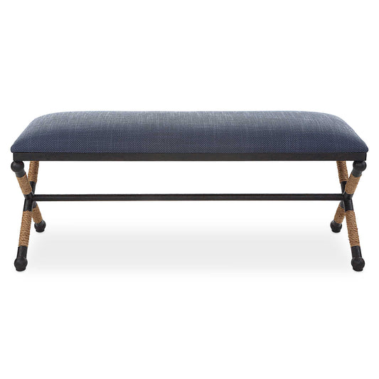 Rustic Iron Frame With A Nautical Touch, Wrapped In Natural Fiber Rope Accents. Cushioned Top Is A Cotton Blend In A Rich Textured Navy Blue.