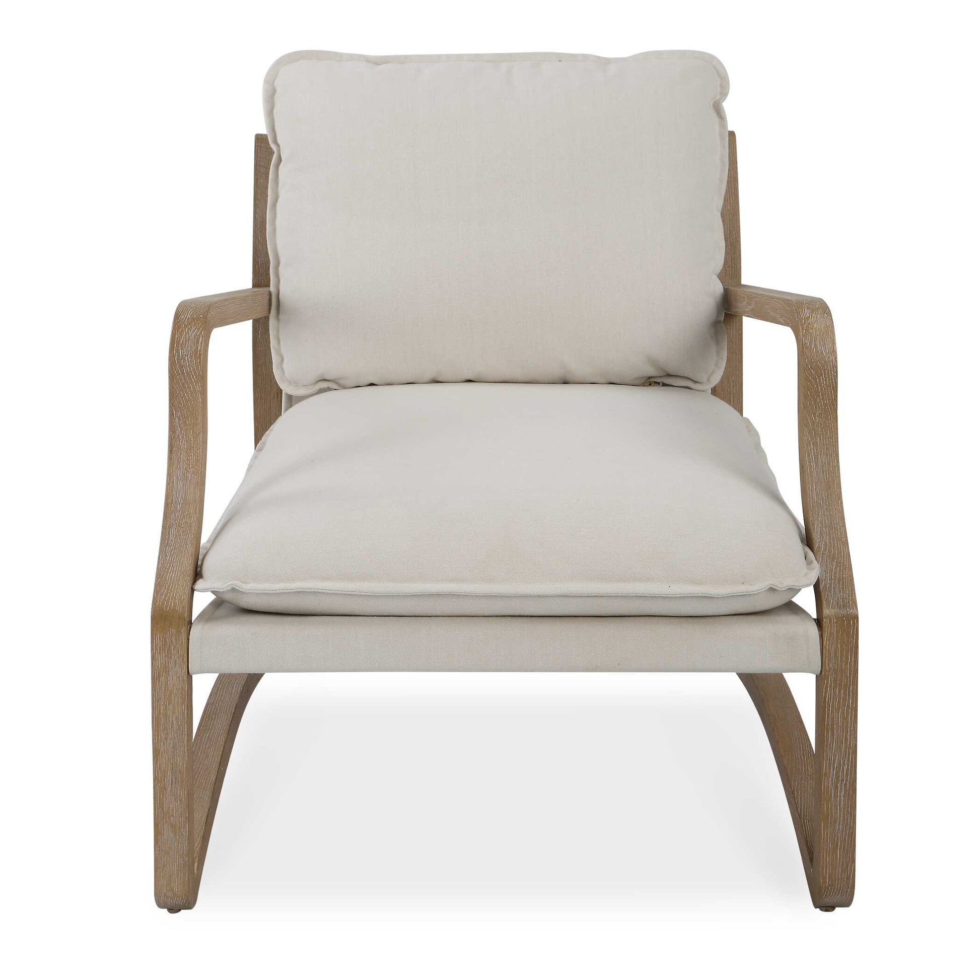 Modern Yet Casual, This Stylish Accent Chair Boasts A Sculptural Open Frame Made From Solid Oak In A Natural Wire Brush Ceruse Finish. Each Plush Cushion Is Upholstered In A Natural Linen Toned Fabric, In A Sling Seat Perfect For Lounging.