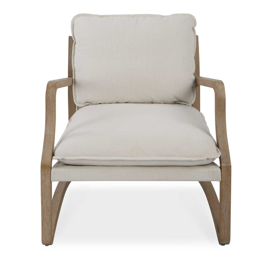 Modern Yet Casual, This Stylish Accent Chair Boasts A Sculptural Open Frame Made From Solid Oak In A Natural Wire Brush Ceruse Finish. Each Plush Cushion Is Upholstered In A Natural Linen Toned Fabric, In A Sling Seat Perfect For Lounging.