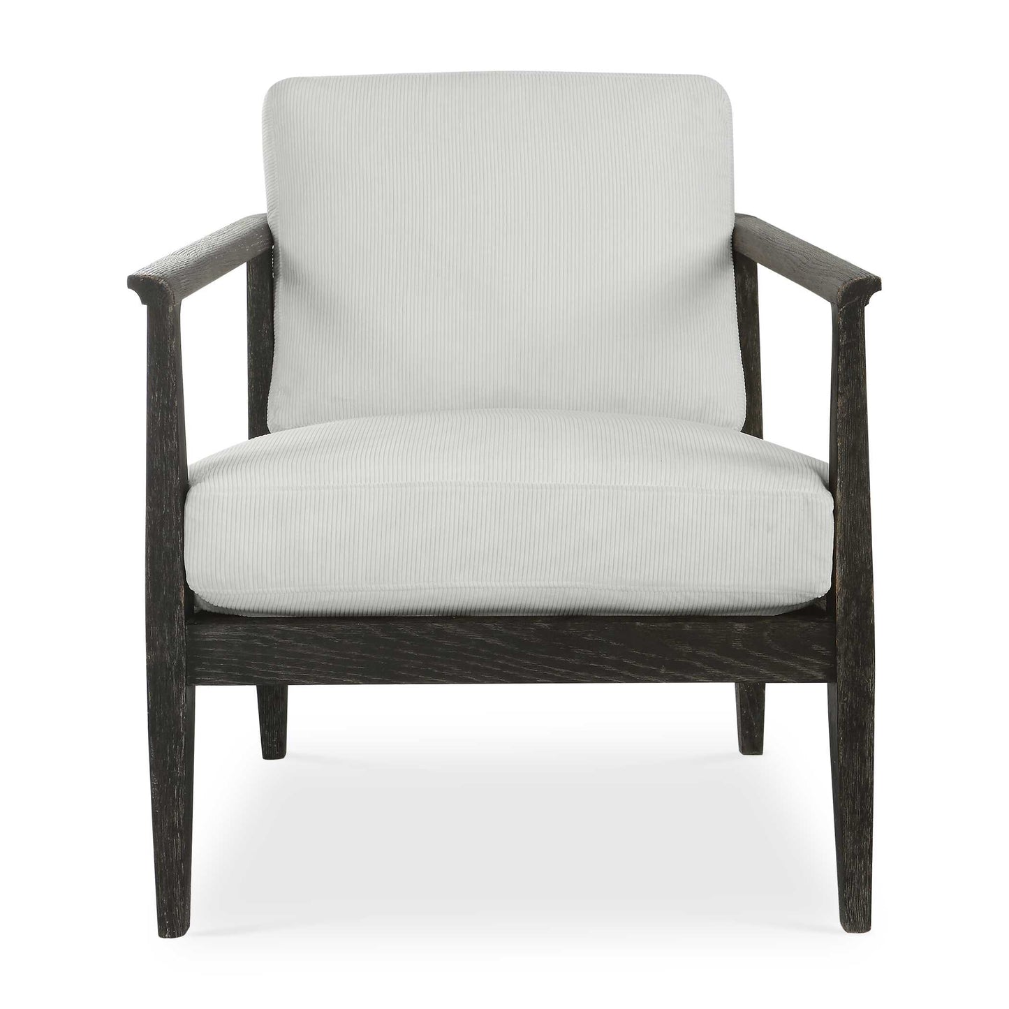 This Refreshing Take On A Modern Accent Chair Features A Curved Open Back Design In Solid Oak Wood. The Dark Espresso Stain Has A Light Gray Glaze Enhancing The Wood Grain. Loose Seat And Back Cushions Are Tailored In A Plush Polyester Channeled White Fabric.