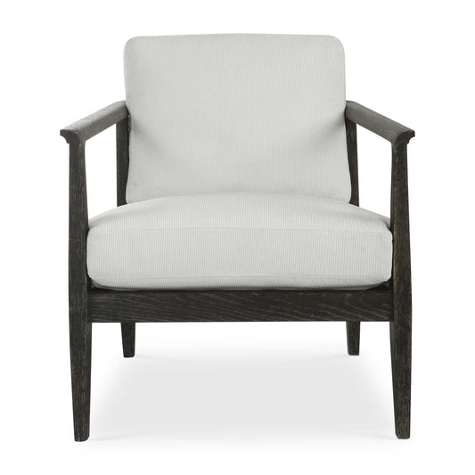 This Refreshing Take On A Modern Accent Chair Features A Curved Open Back Design In Solid Oak Wood. The Dark Espresso Stain Has A Light Gray Glaze Enhancing The Wood Grain. Loose Seat And Back Cushions Are Tailored In A Plush Polyester Channeled White Fabric.