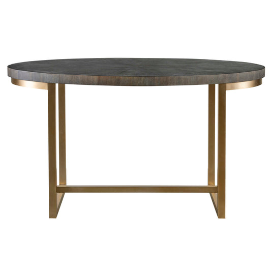 Contemporary In Style, This Oval Writing Desk Features A Bold Stainless Steel Base Plated In Brushed Brass With An Acacia Veneer Top In A Dark Walnut Stain Washed With A Light Gray Glaze.