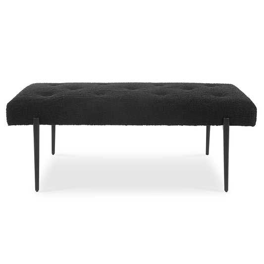 Expertly Tailored In Black Faux Shearling, This Modern Accent Bench Features A Plush Button Tufted Seat, Atop Four Tapered Stainless Steel Legs Finished In Satin Black.