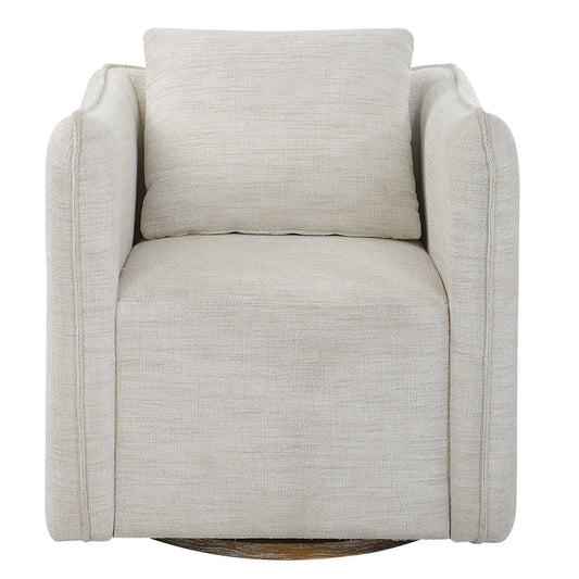 Casual Shelter Arm Accent Chair Tailored In A Woven Linen Blend Fabric In Off-white, Featuring A Flanged Edge Trim Complete With A Loose Back Pillow. Rests On A Solid Birch Wood Swivel Base, Finished In A Weathered Gray Stain.