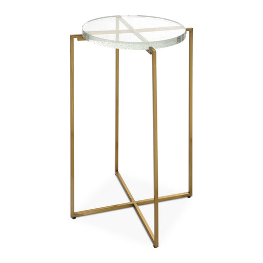 Sleek And Sophisticated, This Accent Table Showcases A Petite Stainless Steel Frame Finished In Brushed Gold And Is Accented By A Thick Seeded Glass Top.