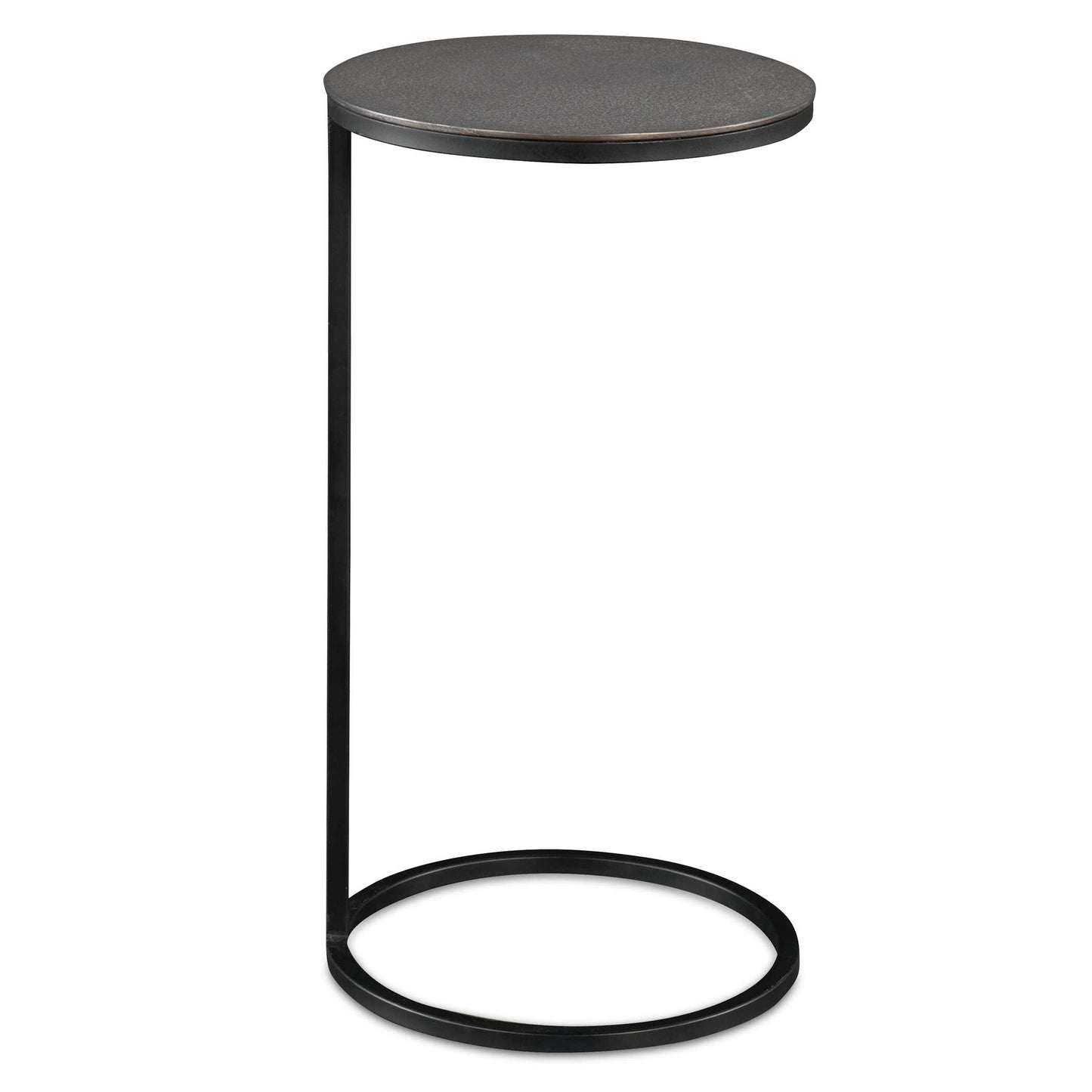 Modern And Streamlined, This Round Accent Table Is Constructed In An Aged Black Iron Featuring A Cast Textured Aluminum Slab Top Finished In A Plated Antique Nickel.