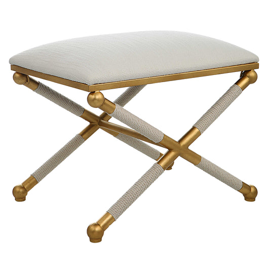 With Classic Simplicity, This Small Bench Features A Smooth Iron Base Finished In An Elegant Gold Leaf With Braided White Rope Detailing, Upholstered In A Crisp Textured White Polyester Fabric.