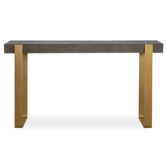 Contemporary In Style, This Console Features A Striking Diamond Ash Veneer Top In A Dark Walnut Stain With Light Gray Glazing. The Iron Strap Legs Are Finished In A Warm Brushed Brass.