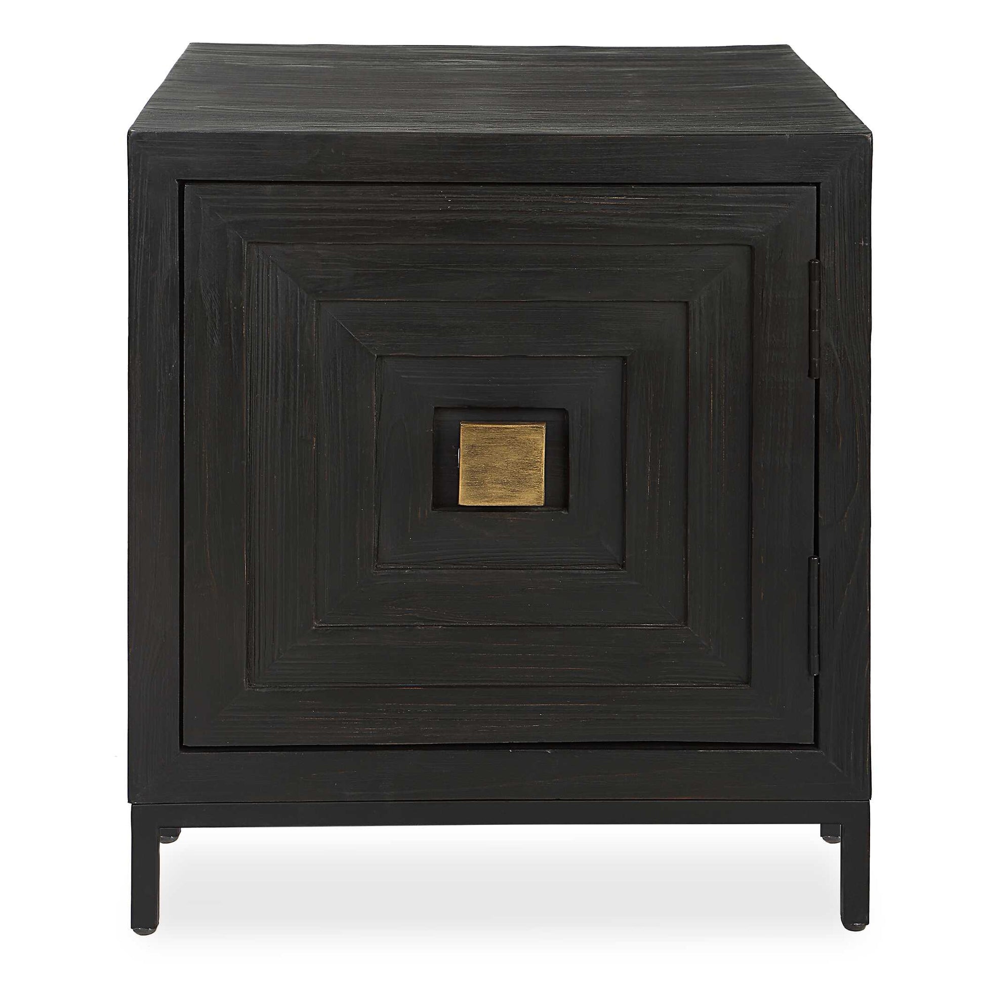 A Contemporary Geometric Accent Cabinet, Constructed From Deeply Grained Fir Wood Finished In A Dark Ebony Stain And Accented With Brushed Brass Hardware. Has One Fixed Interior Shelf.