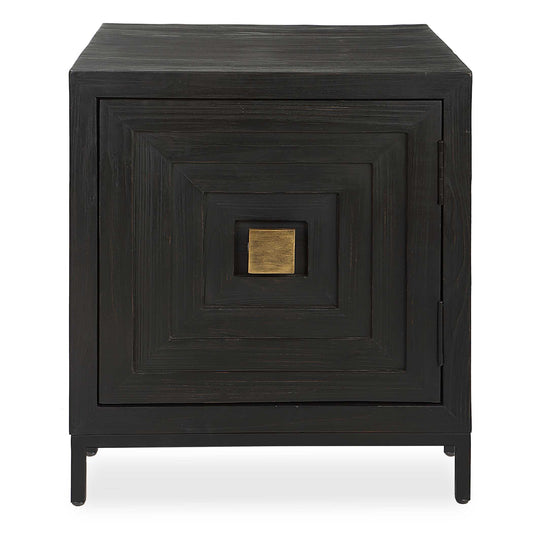 A Contemporary Geometric Accent Cabinet, Constructed From Deeply Grained Fir Wood Finished In A Dark Ebony Stain And Accented With Brushed Brass Hardware. Has One Fixed Interior Shelf.