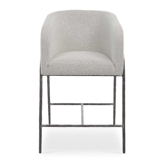 Inspired By Scandinavian Designs, This Barrel Back Counter Stool Showcases A Chiseled Iron Frame In A Natural Aged Black Iron Finish. A Casual Ivory And Warm Gray Boucle Performance Fabric Accents This Modern Look.
