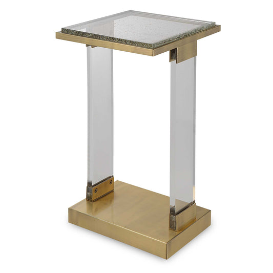 The Muse Accent Table Brings Modern Style To The Table With Textured Antique Brushed Brass Accented By Clear Acrylic Column Sides And A Thick Seeded Glass Top.