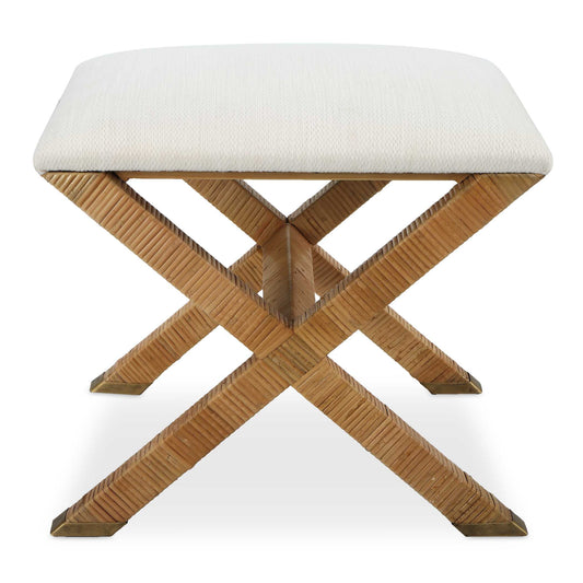 With Equal Parts Polished And Casual, The St. Tropez Bench Has Unlimited Styling Opportunities. The X-base Is Wrapped In A Natural Rattan With Antique Brass Foot Caps And Is Complemented By A Plush Upholstered Seat In A Crisp Textured White Polyester Fabric.