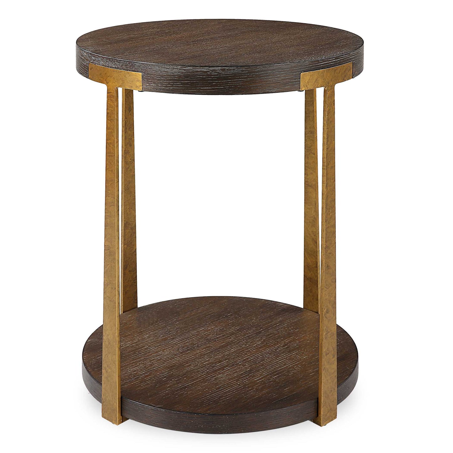 The Palisade Side Table Is Finished In A Rich Coffee Finished Oak Veneer With Natural Wood Grain Details Accented By Forged Metal Columns Finished In Mottled Antique Gold.