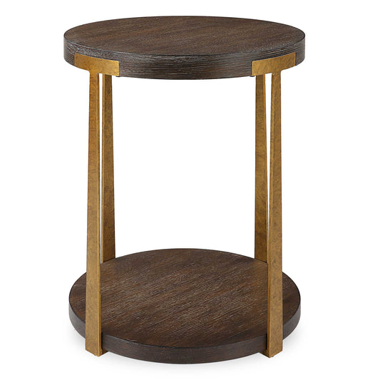 The Palisade Side Table Is Finished In A Rich Coffee Finished Oak Veneer With Natural Wood Grain Details Accented By Forged Metal Columns Finished In Mottled Antique Gold.