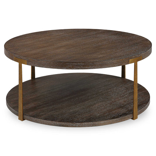The Palisade Coffee Table Is Finished In A Rich Coffee Finished Oak Veneer With Natural Wood Grain Details Accented By Forged Metal Columns Finished In Mottled Antique Gold.