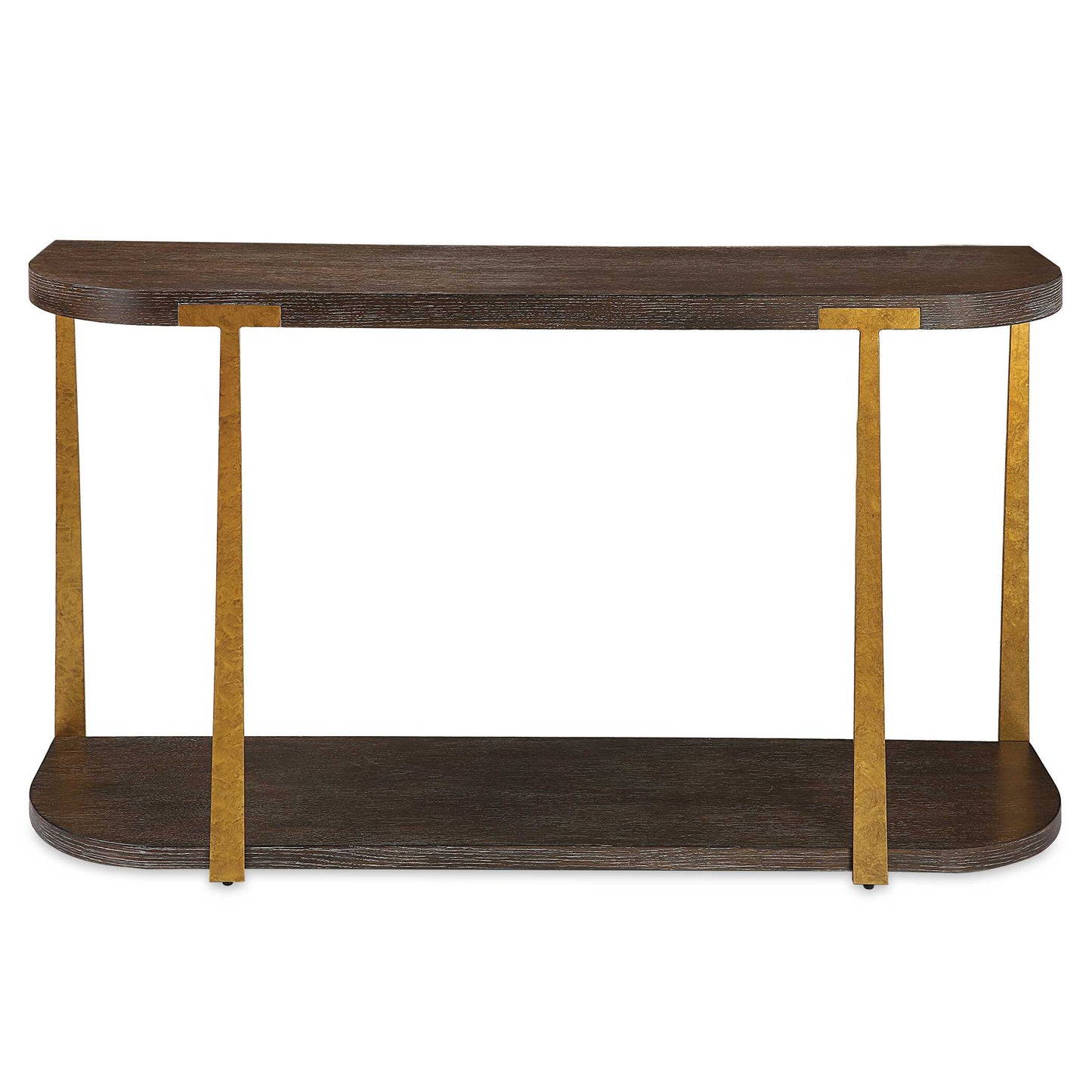 The Palisade Console Table Is Finished In A Rich Coffee Finished Oak Veneer With Natural Wood Grain Details Accented By Forged Metal Columns Finished In Mottled Antique Gold.
