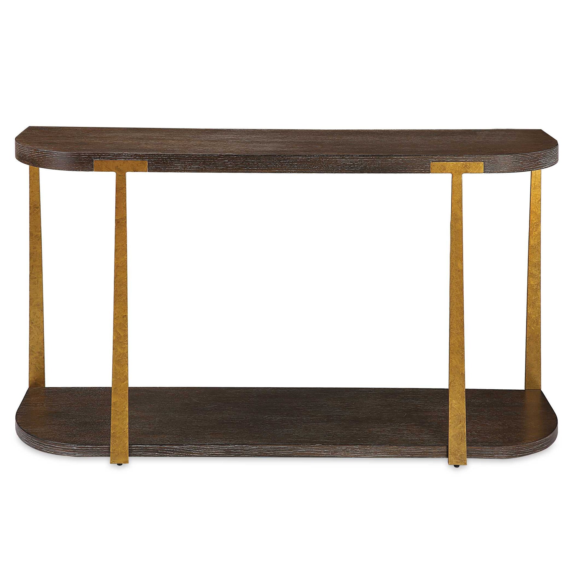 The Palisade Console Table Is Finished In A Rich Coffee Finished Oak Veneer With Natural Wood Grain Details Accented By Forged Metal Columns Finished In Mottled Antique Gold.