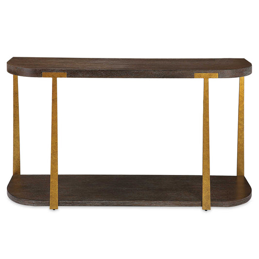 The Palisade Console Table Is Finished In A Rich Coffee Finished Oak Veneer With Natural Wood Grain Details Accented By Forged Metal Columns Finished In Mottled Antique Gold.