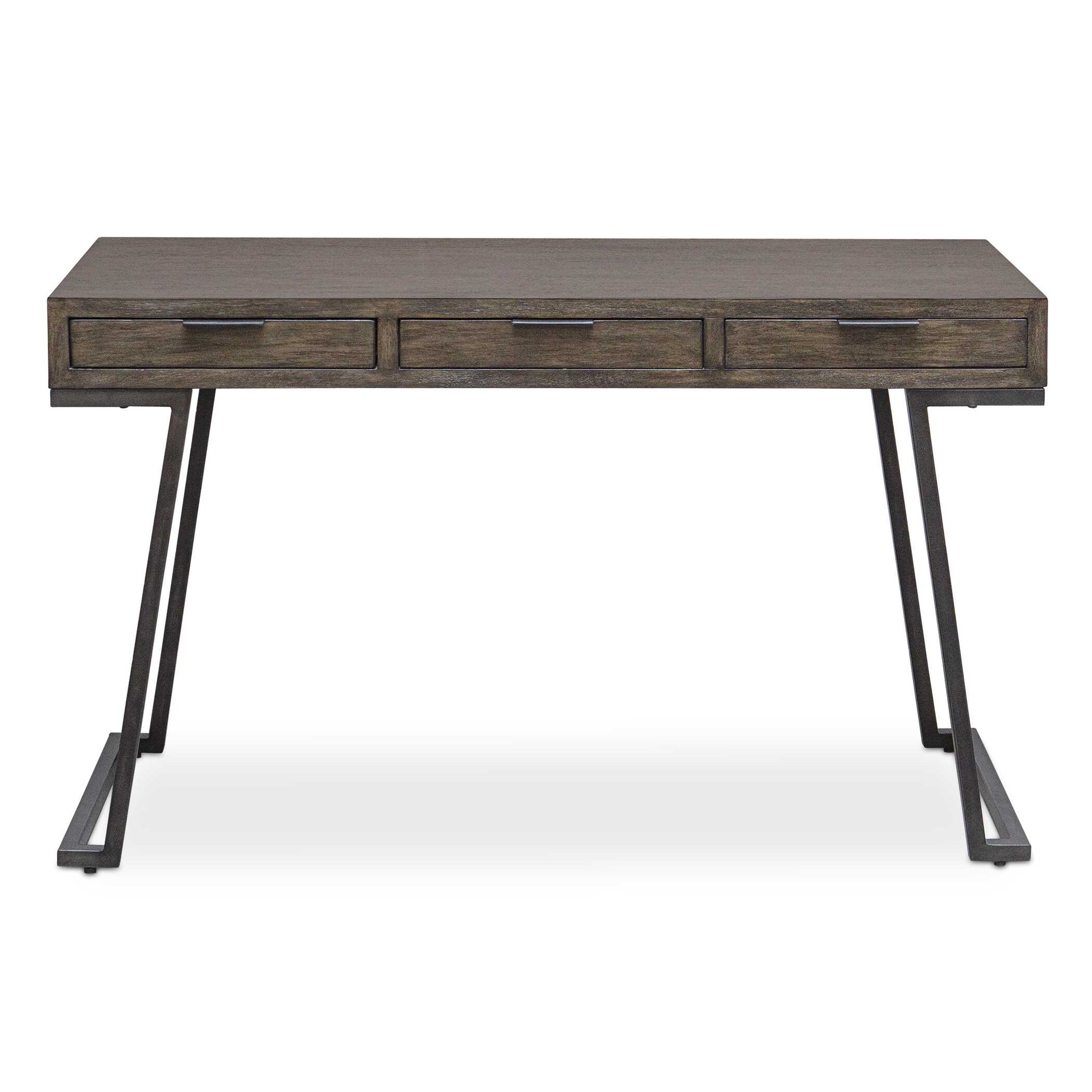 The Comrade Desk Provides A Perfect Spot For Ample Productivity. The Desk Is Finished In A Mango Wood Veneer With Light Gray Glazing And Natural Wood Undertones, Supported By A Metal Base In Aged Steel. Features Three Drawers With Coordinating Metal Tab Drawer Pulls.