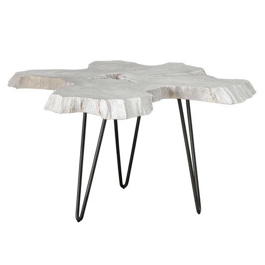 This Striking Coffee Table Is Topped With A Cross Section Of Natural Teak Wood In A Bleached Finish Supported By Black Metal Hairpin Legs. Sizes And Grain Pattern May Vary Due To The Authentic Nature Of The Design.