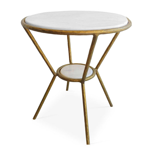The Refuge Side Table Is Crafted With A Solid Chiseled Iron Frame And Finished In An Elegant Antique Gold. Paired With A Polished White Marble Top And Petite Shelf.