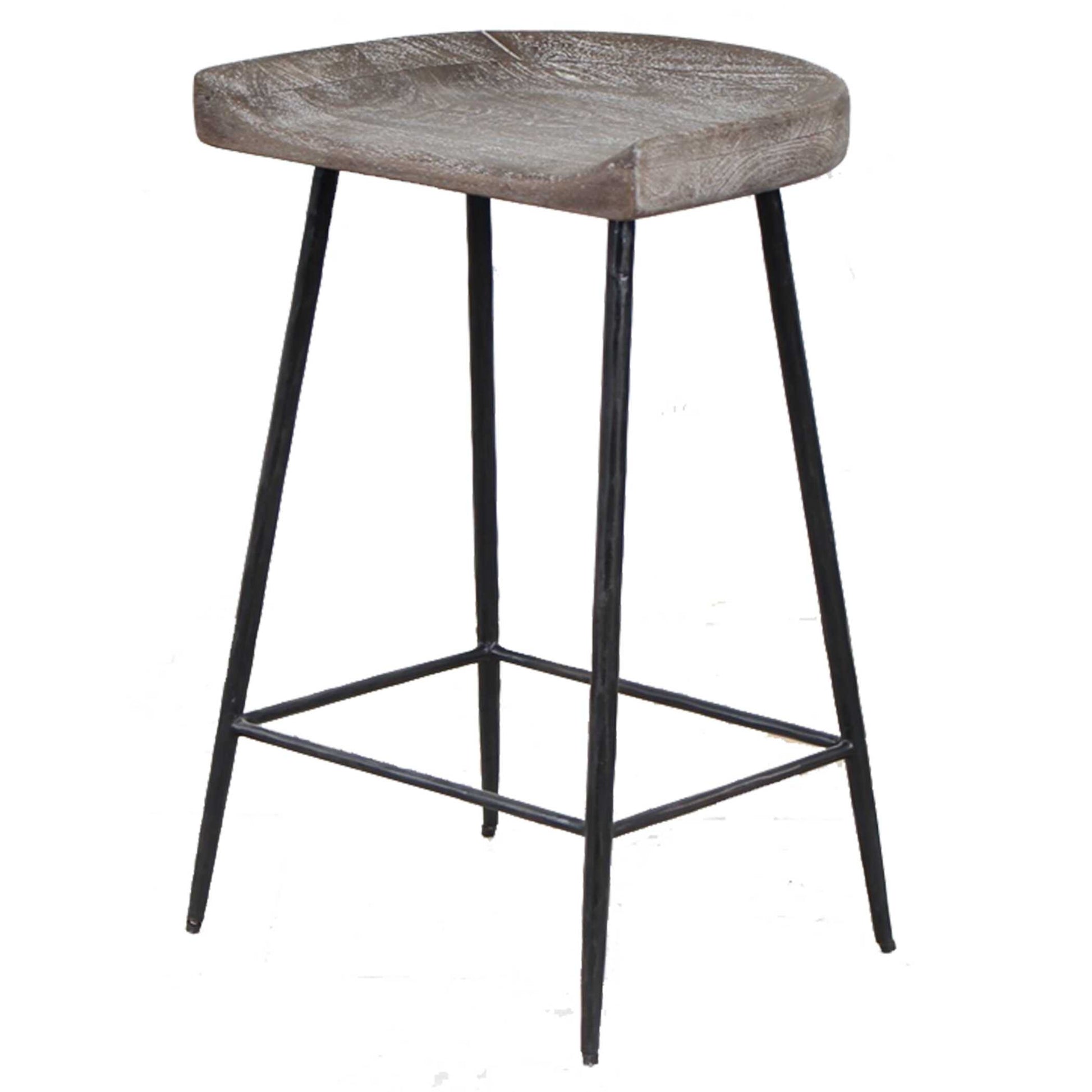 The Cordova Counter Stool Is Solidly Constructed With Solid Iron Tapered Legs In Satin Black Supporting A Carved Mango Wood Seat Finished In A Driftwood Gray Glaze With Ivory Ceruse.