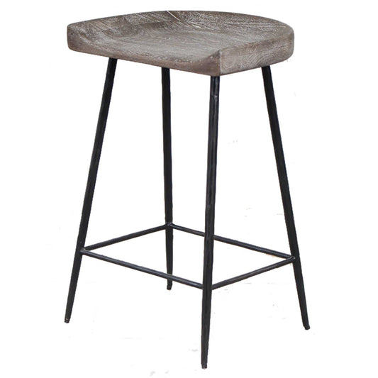 The Cordova Counter Stool Is Solidly Constructed With Solid Iron Tapered Legs In Satin Black Supporting A Carved Mango Wood Seat Finished In A Driftwood Gray Glaze With Ivory Ceruse.