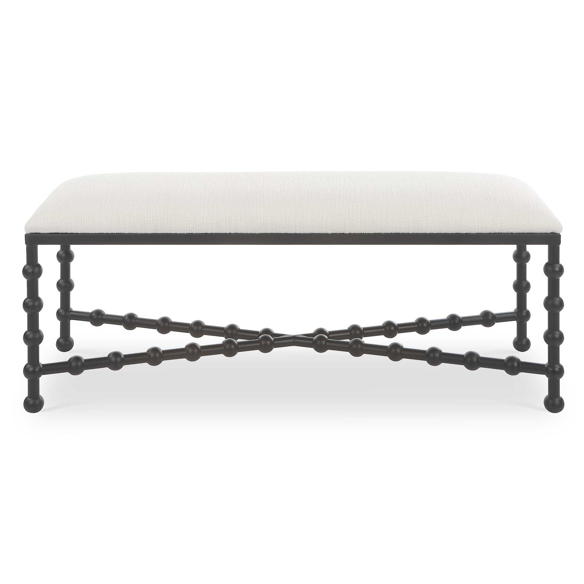 Sophisticated Style Created By The Whimsical Bubble Legs Ensures This Bench To Stand Out In Any Home. Crafted In Iron With A Satin Black Finish Contrasted With A Cushioned Seat In A Crisp White Textured Polyester Fabric With Performance Treatment.