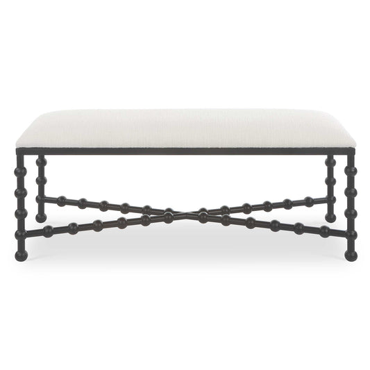Sophisticated Style Created By The Whimsical Bubble Legs Ensures This Bench To Stand Out In Any Home. Crafted In Iron With A Satin Black Finish Contrasted With A Cushioned Seat In A Crisp White Textured Polyester Fabric With Performance Treatment.