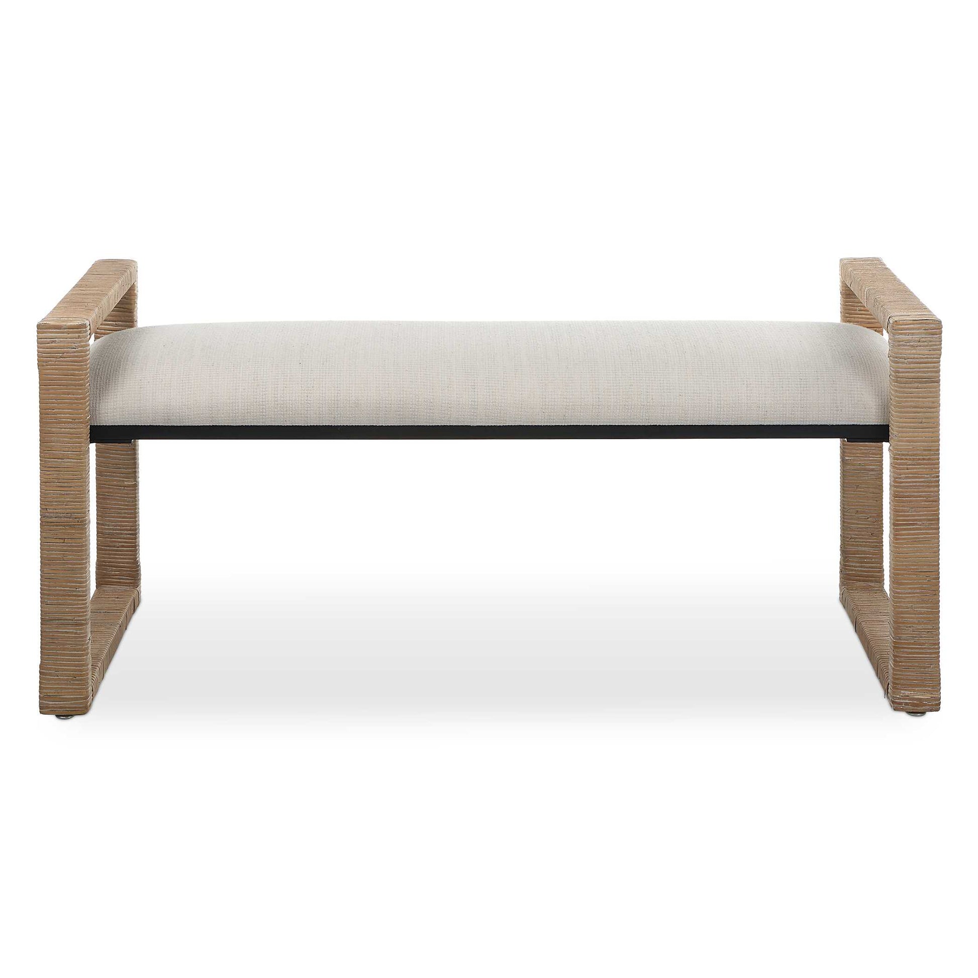 Inspired By The Casual Style Of Coastal Designs, The Areca Bench Showcases A Natural Rattan Wrapped Iron Frame Accented By A Textured Oatmeal Toned Waffle Weave Performance Fabric.