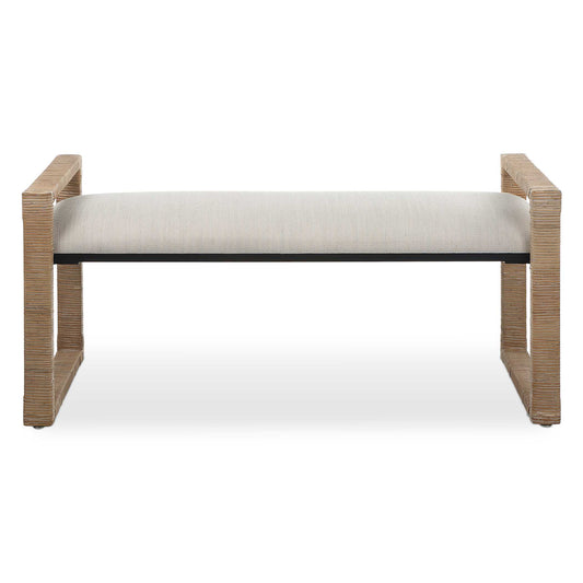 Inspired By The Casual Style Of Coastal Designs, The Areca Bench Showcases A Natural Rattan Wrapped Iron Frame Accented By A Textured Oatmeal Toned Waffle Weave Performance Fabric.