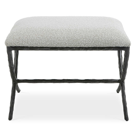 With Clean Contemporary Lines, This Cast Iron Base Features A Chiseled Texturing With A Distressed Charcoal Finish. Topped With An Upholstered Seat In A Casual Ivory And Light Gray Boucle Fabric.