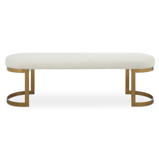 Merging Simplicity With Style, This Bench Features A Thick Hand Forged Iron Base Finished In Mottled Antique Gold Leaf. The Plush Seat Is Upholstered In Natural Faux Shearling Fabric.