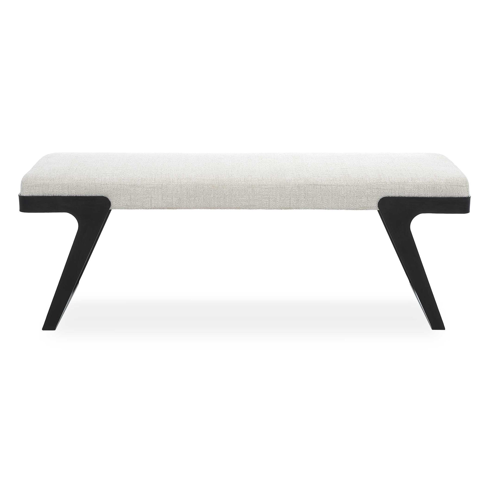The Modern Hover Bench Is Streamlined With An Aged Black Curved Iron Base And Cushioned Seat. Upholstered In An Ivory Chenille Boucle Performance Fabric.