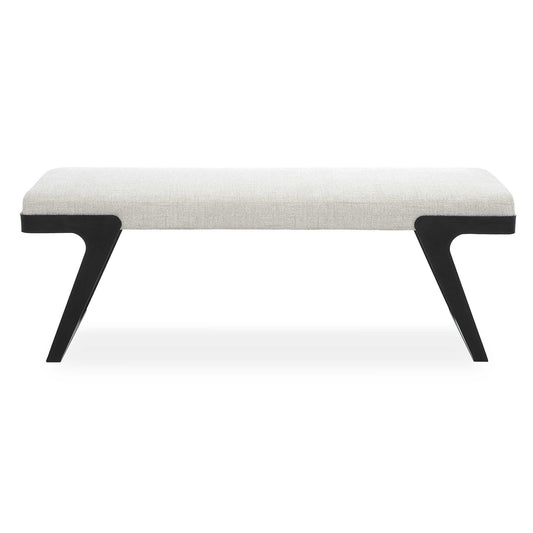 The Modern Hover Bench Is Streamlined With An Aged Black Curved Iron Base And Cushioned Seat. Upholstered In An Ivory Chenille Boucle Performance Fabric.