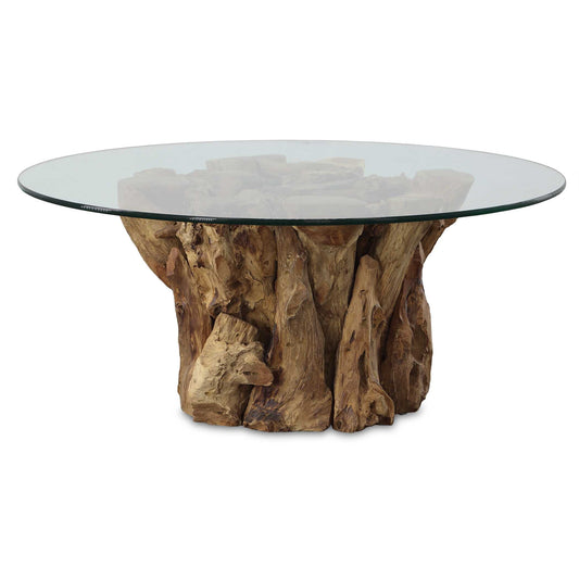 Crafted From Pieced Teak Wood In Its Natural Finish, Paired With A Clear Glass Top. Due To The Nature Of These Materials Each Piece Will Vary Slightly.