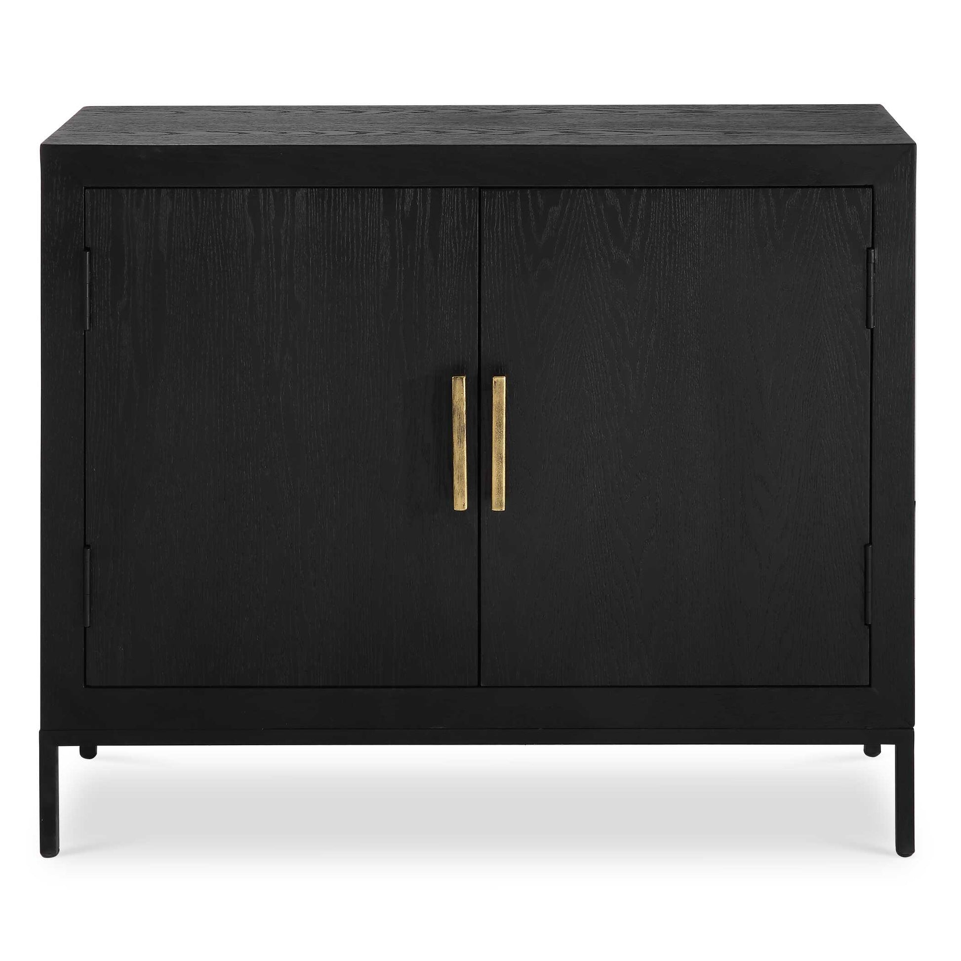 The Front Range Cabinet's Streamlined Design And Classic Finishes Make It A Perfect Addition To Virtually Any Space. The Cabinet Is Finished In A Dark Ebony Oak Veneer, Accented By Linear Iron Pulls In Aged Gold. Has One Interior Fixed Shelf.