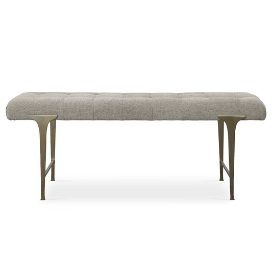 Influenced By Traditional Styling, The Imperial Bench's Cushioned Seat Is Upholstered In A Light Taupe Woven Polyester With Biscuit Tufting. The Iron Frame Is Finished In Satin Champagne.