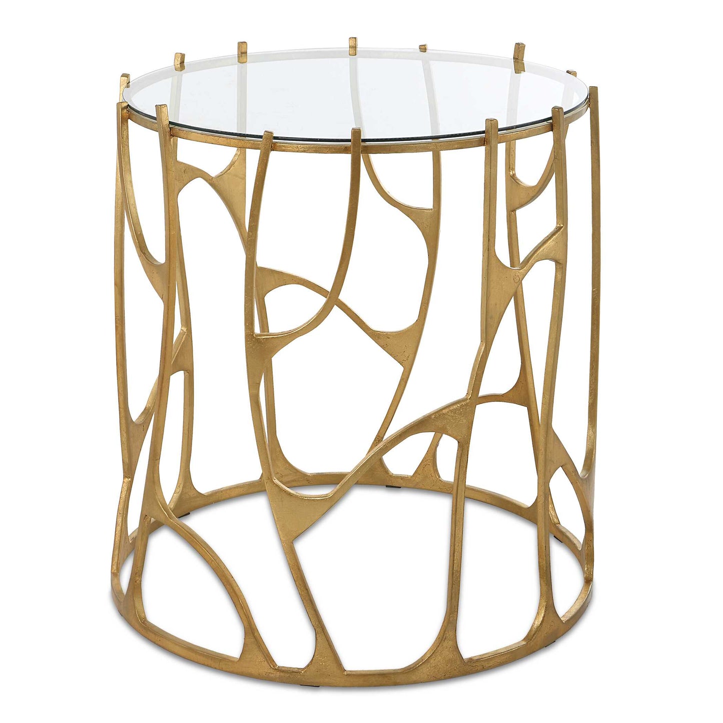 A Functional Table And Sculptural Work Of Art, The Ritual Side Table Offers The Best Of Both Worlds. The Organic Designed Base Is Crafted From Forged Iron In An Aged Gold Leaf Finish, Complemented By A Clear Tempered Glass Top.